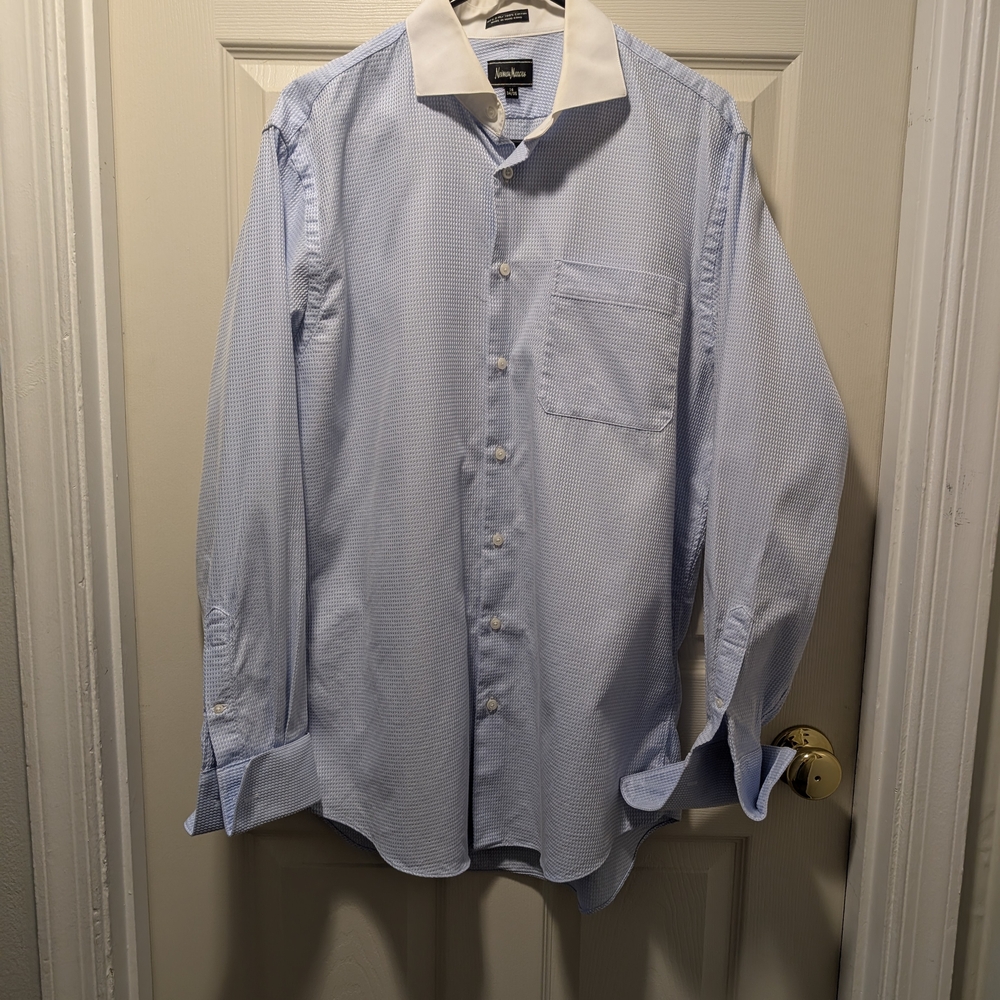 Neiman Marcus Men's Blue Textured Contrast Collar Dress Shirt 34 / 35 Neck 16